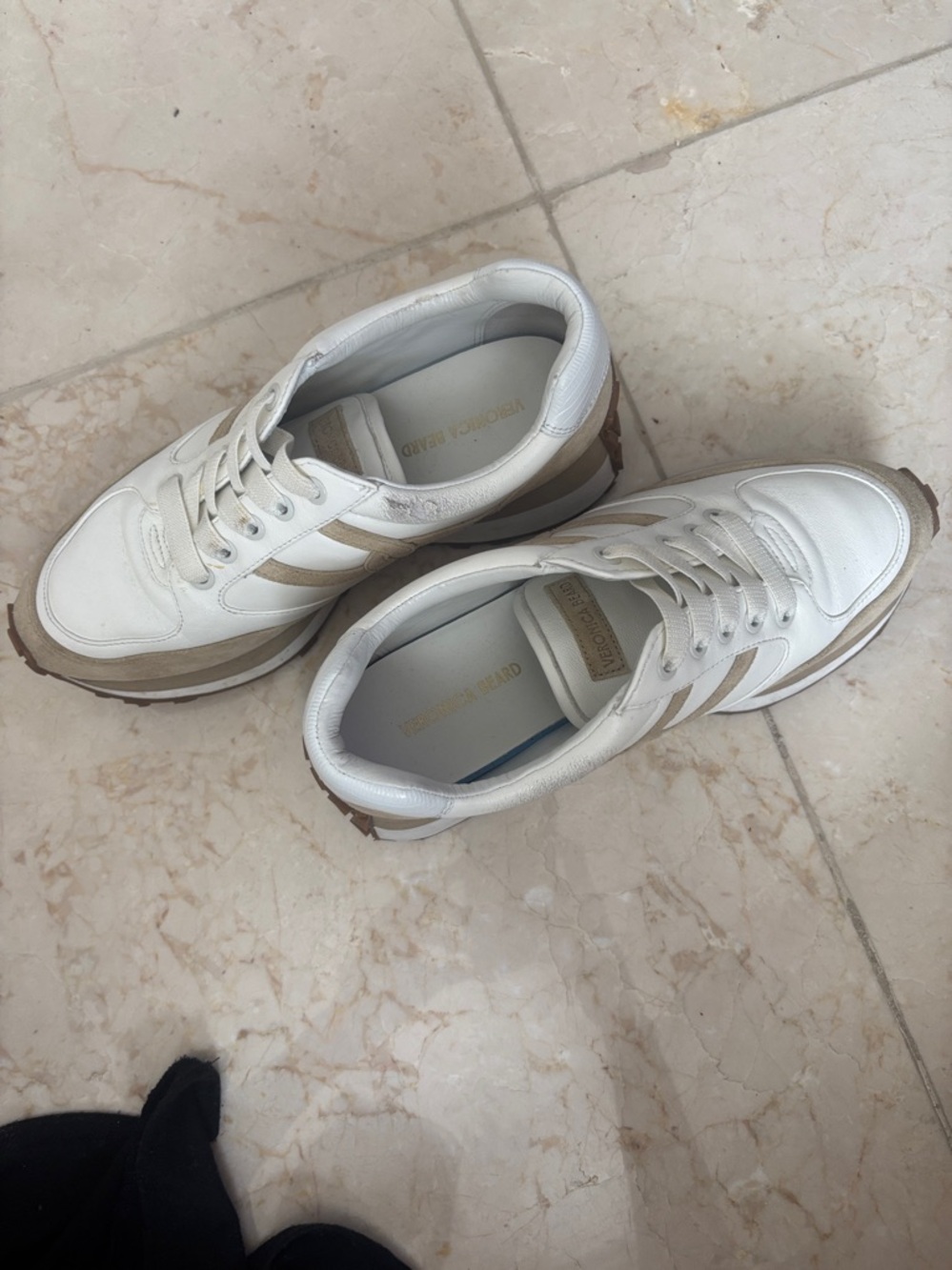 Veronica Beard White and Tan Leather Sneakers - Picture 2 of 8